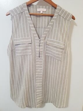 Blousology Beige Pinstripe Sleeveless Tailored High/Low Hem Minimalist L